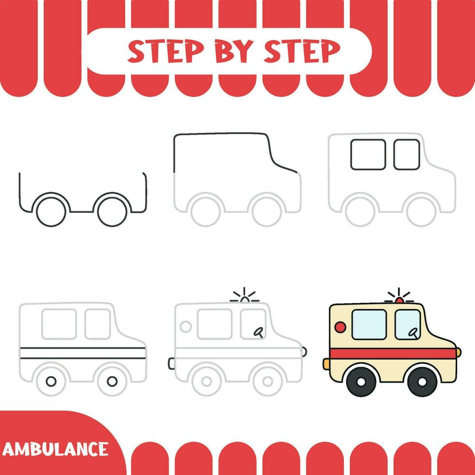 Step by step Drawing tutorial for kids. Easy level. Education sheets. How to draw ambulance vector