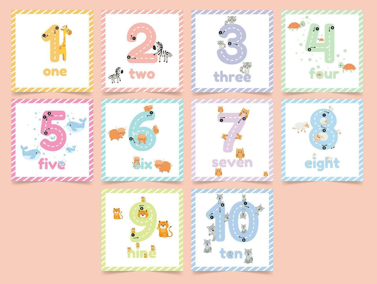 Set with learning numbers flashcards for kids. Tracing guide with count animals. Vector
