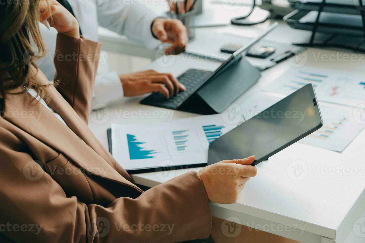 Team of business people working together in the meeting room office, teamwork background charts and graphs banner, double exposure successful teamwork,business planning concept. photo