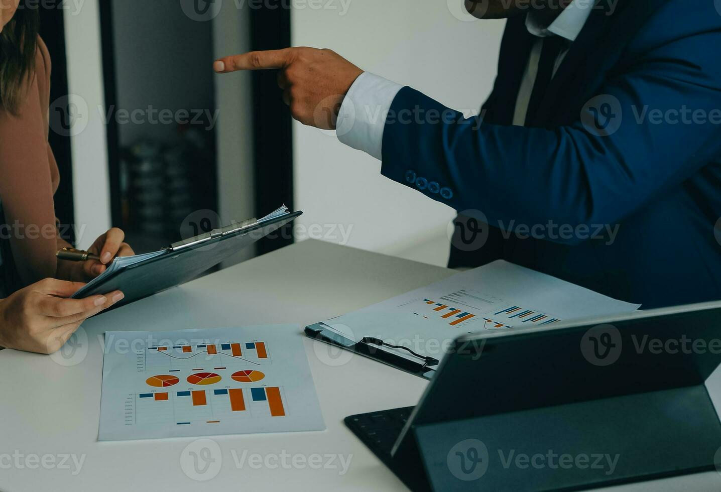 Team of business people working together in the meeting room office, teamwork background charts and graphs banner, double exposure successful teamwork,business planning concept. photo