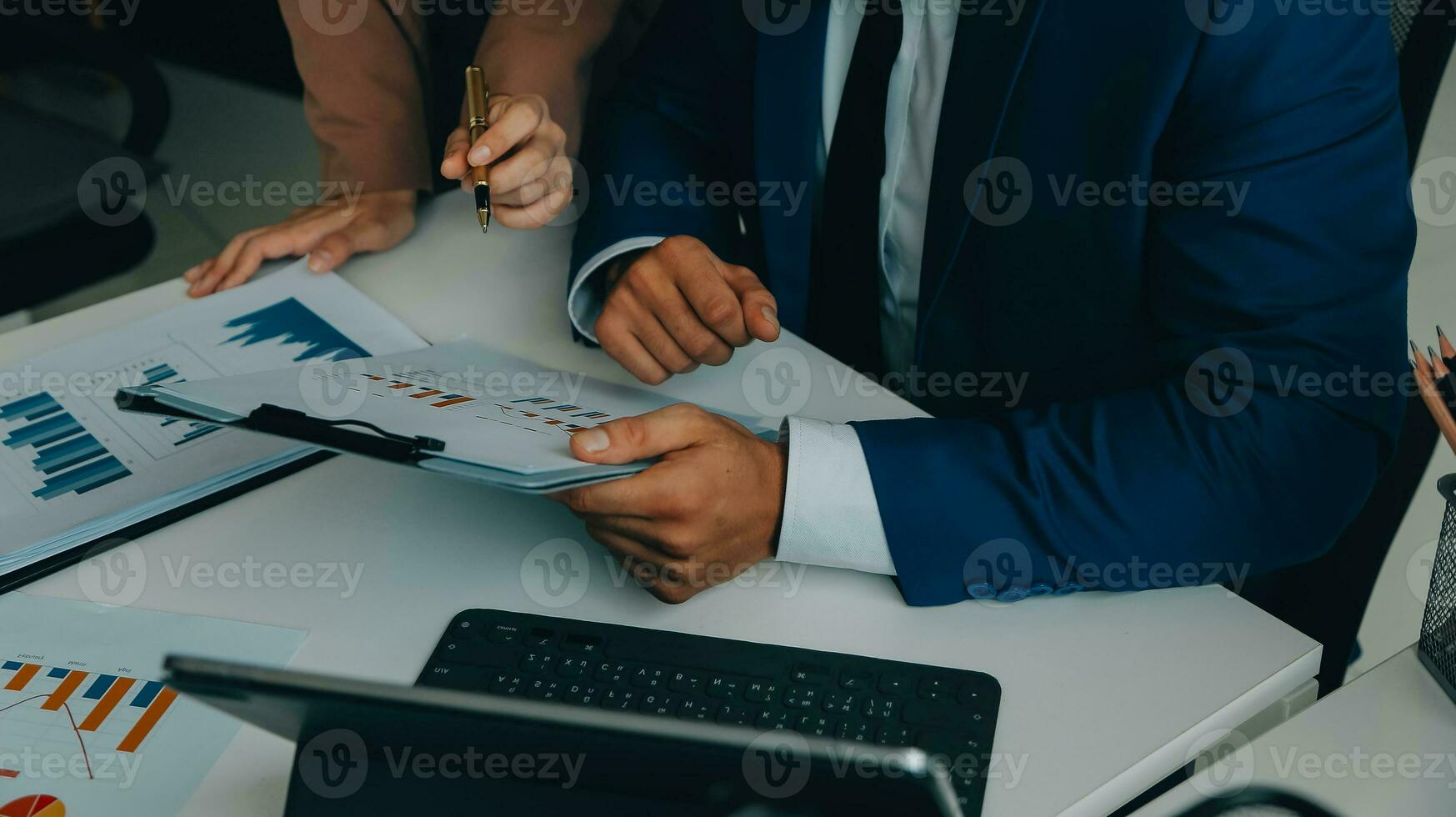 Team of business people working together in the meeting room office, teamwork background charts and graphs banner, double exposure successful teamwork,business planning concept. photo