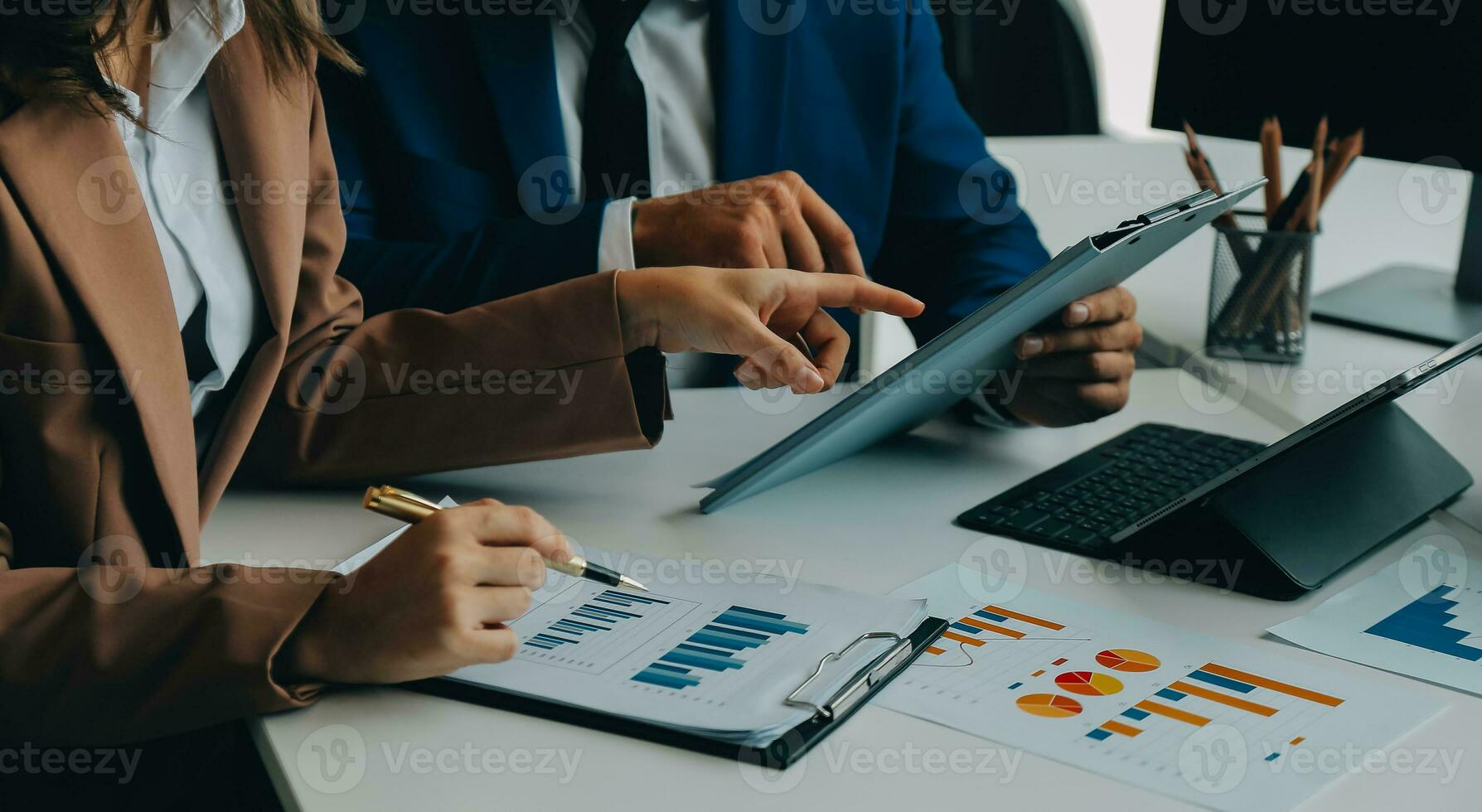 Team of business people working together in the meeting room office, teamwork background charts and graphs banner, double exposure successful teamwork,business planning concept. photo