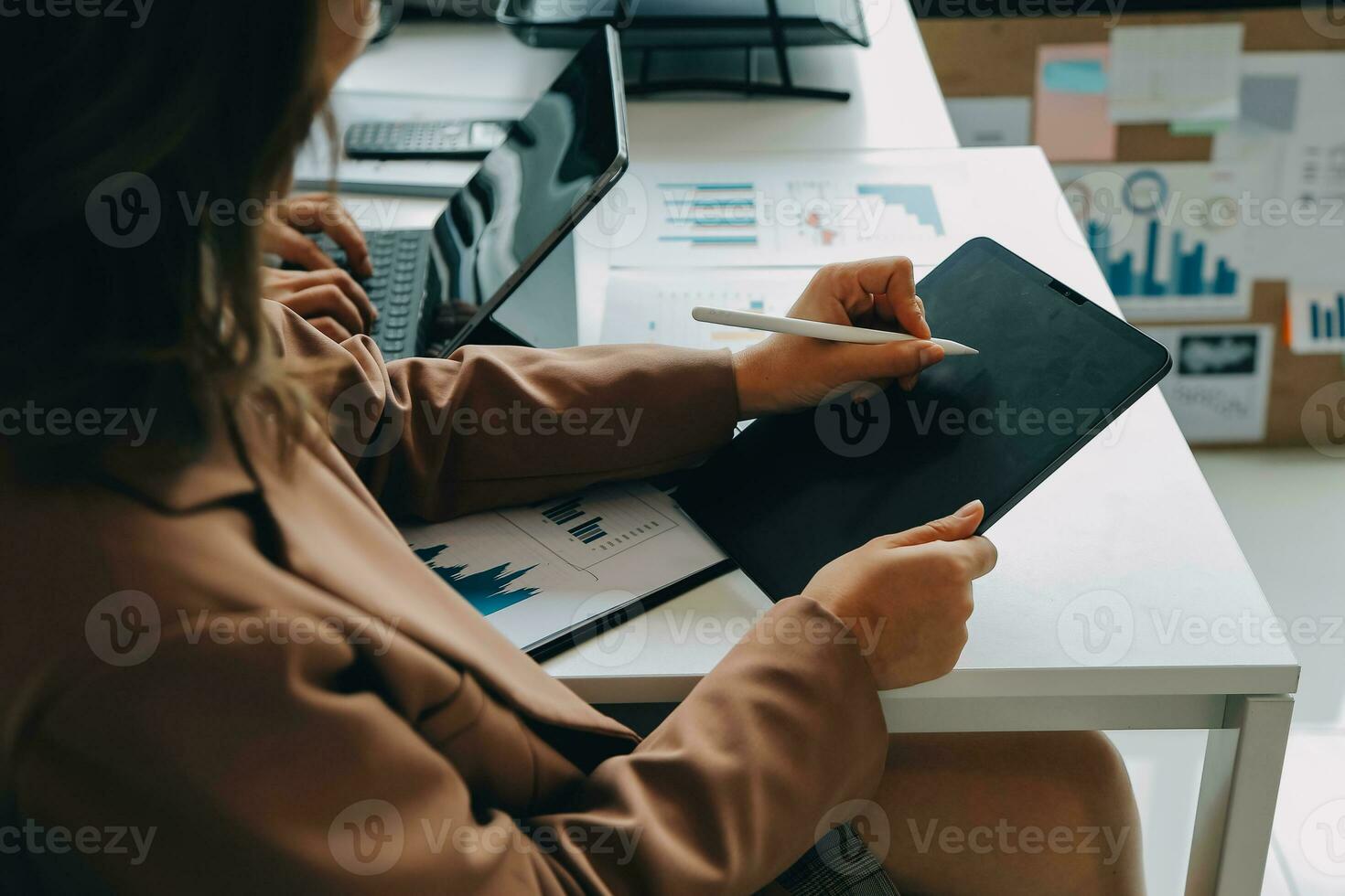 Team of business people working together in the meeting room office, teamwork background charts and graphs banner, double exposure successful teamwork,business planning concept. photo