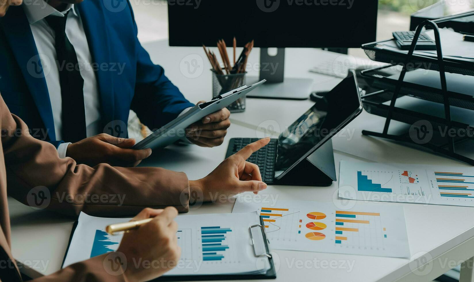 Team of business people working together in the meeting room office, teamwork background charts and graphs banner, double exposure successful teamwork,business planning concept. photo