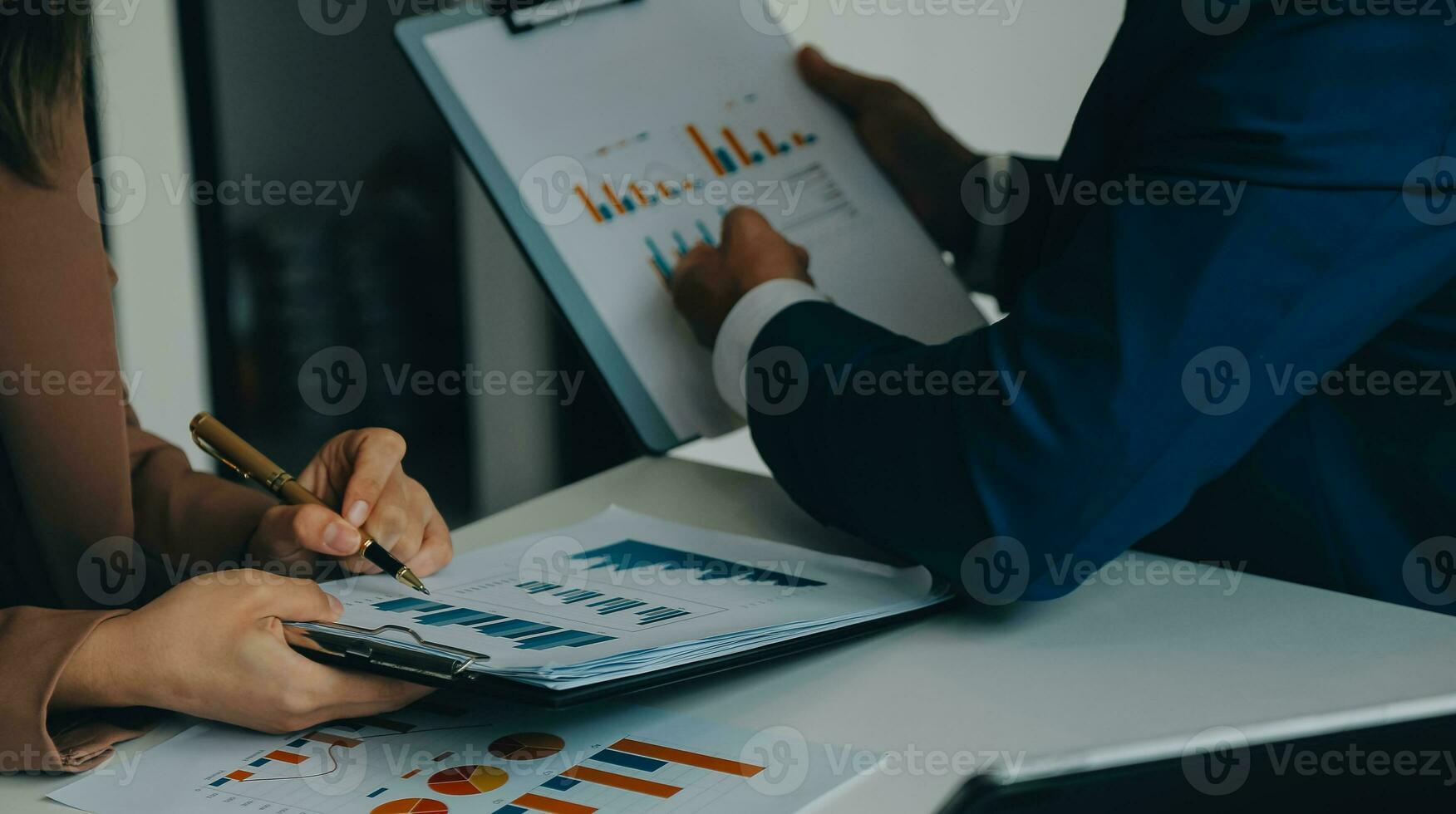 Team of business people working together in the meeting room office, teamwork background charts and graphs banner, double exposure successful teamwork,business planning concept. photo