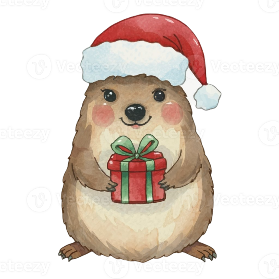 Groundhog Holding a Gift Box Wearing A Santa hat AI Generative png