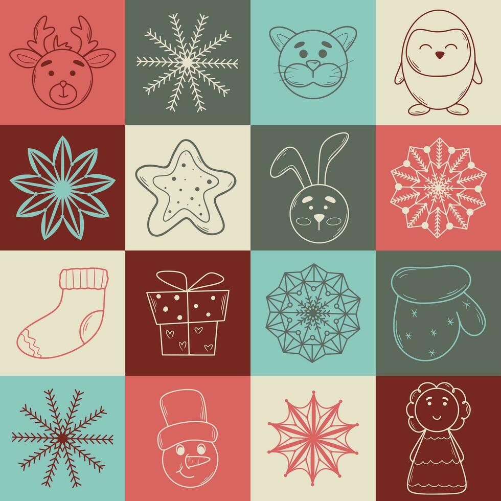 Winter pattern with characters and snowflakes in retro style vector