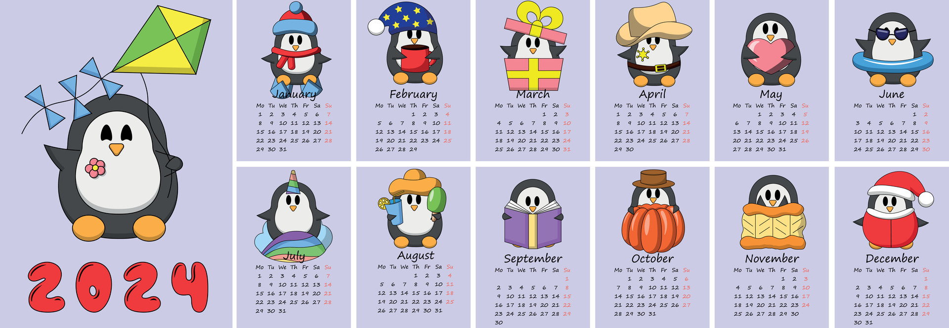 calendario para 2024 con linda dibujos animados personaje pingüino