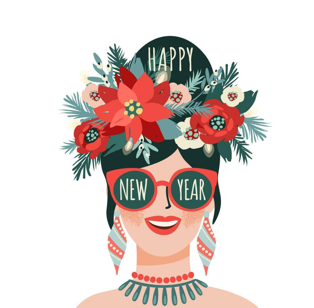 Christmas and Happy New Year isolated illustration of young woman. Trendy retro style. Vector design template.