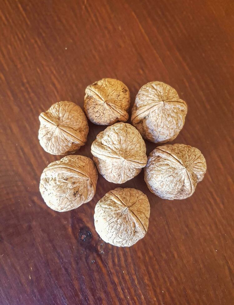 View from above of walnuts on the table photo