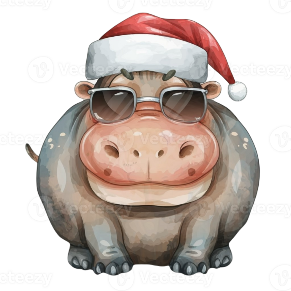 Hippo Wearing Dark Glasses And A Santa Hat AI Generative png