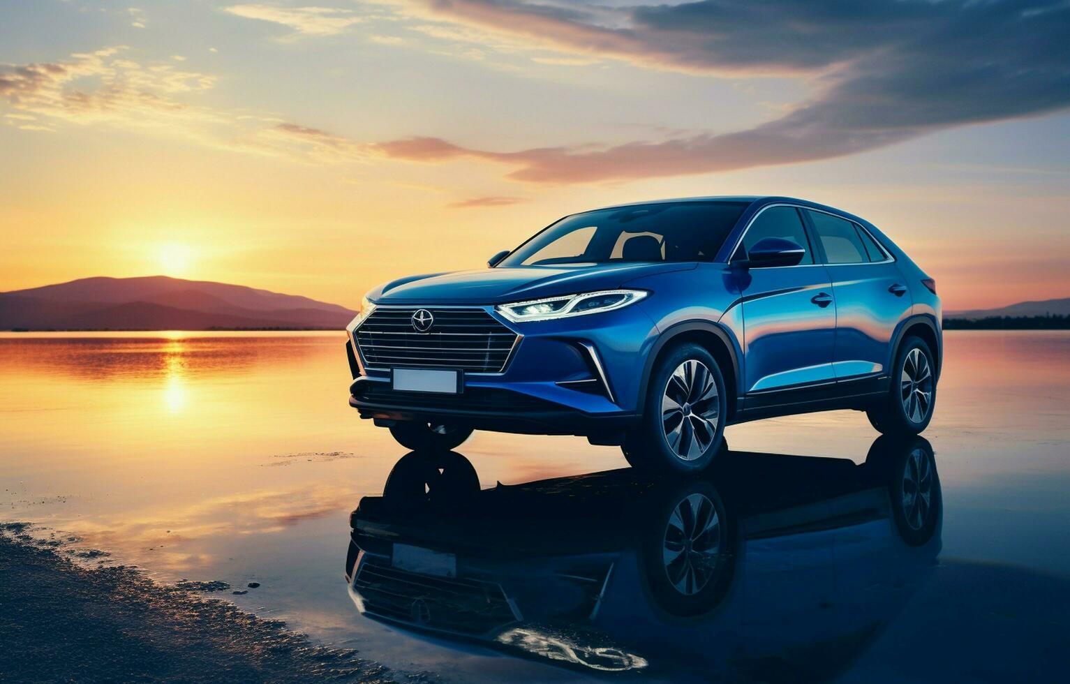 At dusk, a blue compact SUV with a sporty, contemporary appearance is parked on a concrete road by the water. ecologically sound technology. Concept of business success. AI Generative photo