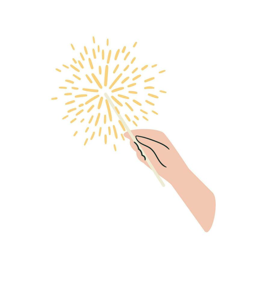 Christmas and Happy New Year isolated illustration. Hand with sparkler. Trendy retro style. Vector design template.