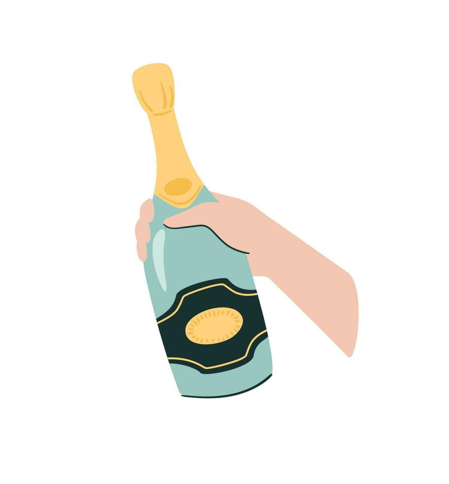 Christmas and Happy New Year isolated illustration. Hand with bottle of champagne. Trendy retro style. Vector design template.
