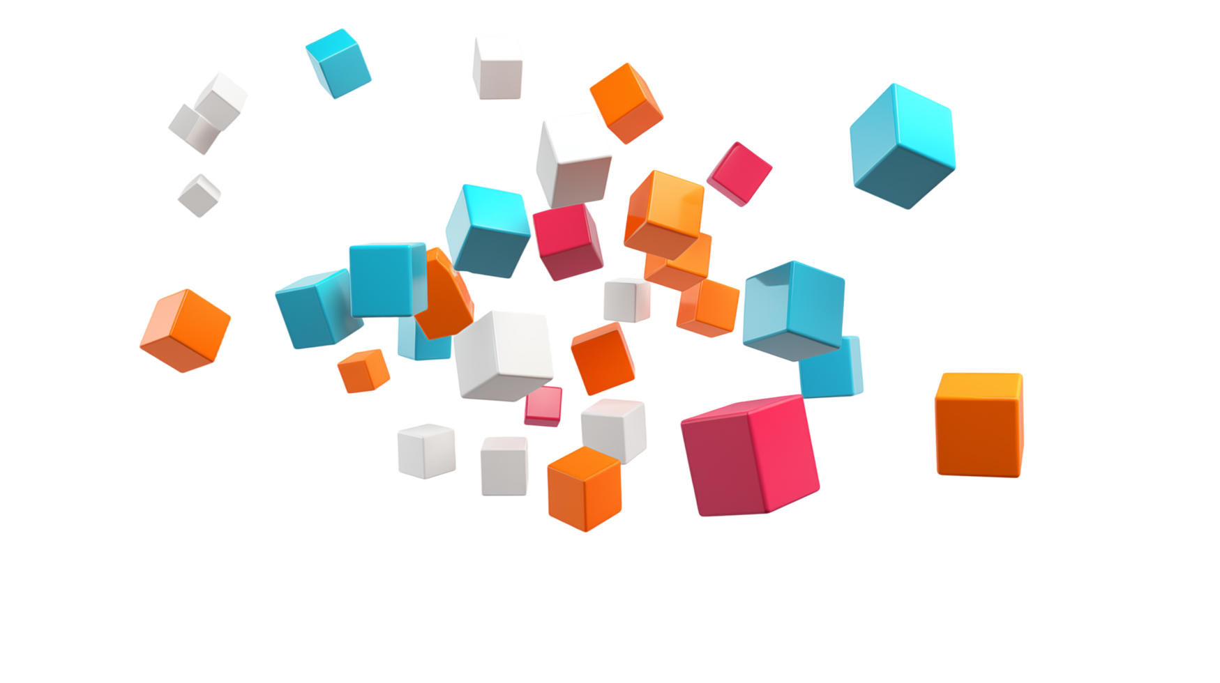 Colorful 3d render falling cubes, isolated on white background