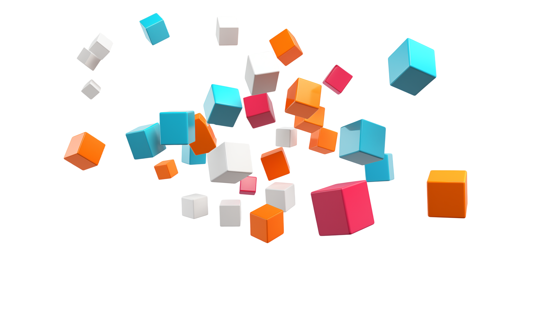 Colorful 3d render falling cubes, isolated on white background