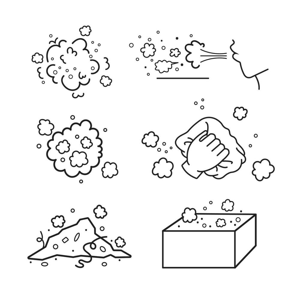 Dust particles piles, blowing dust on surface and wiping dust vector icon set collection outline isolated on square white background. Simple flat minimalist monochrome cartoon art styled drawing.