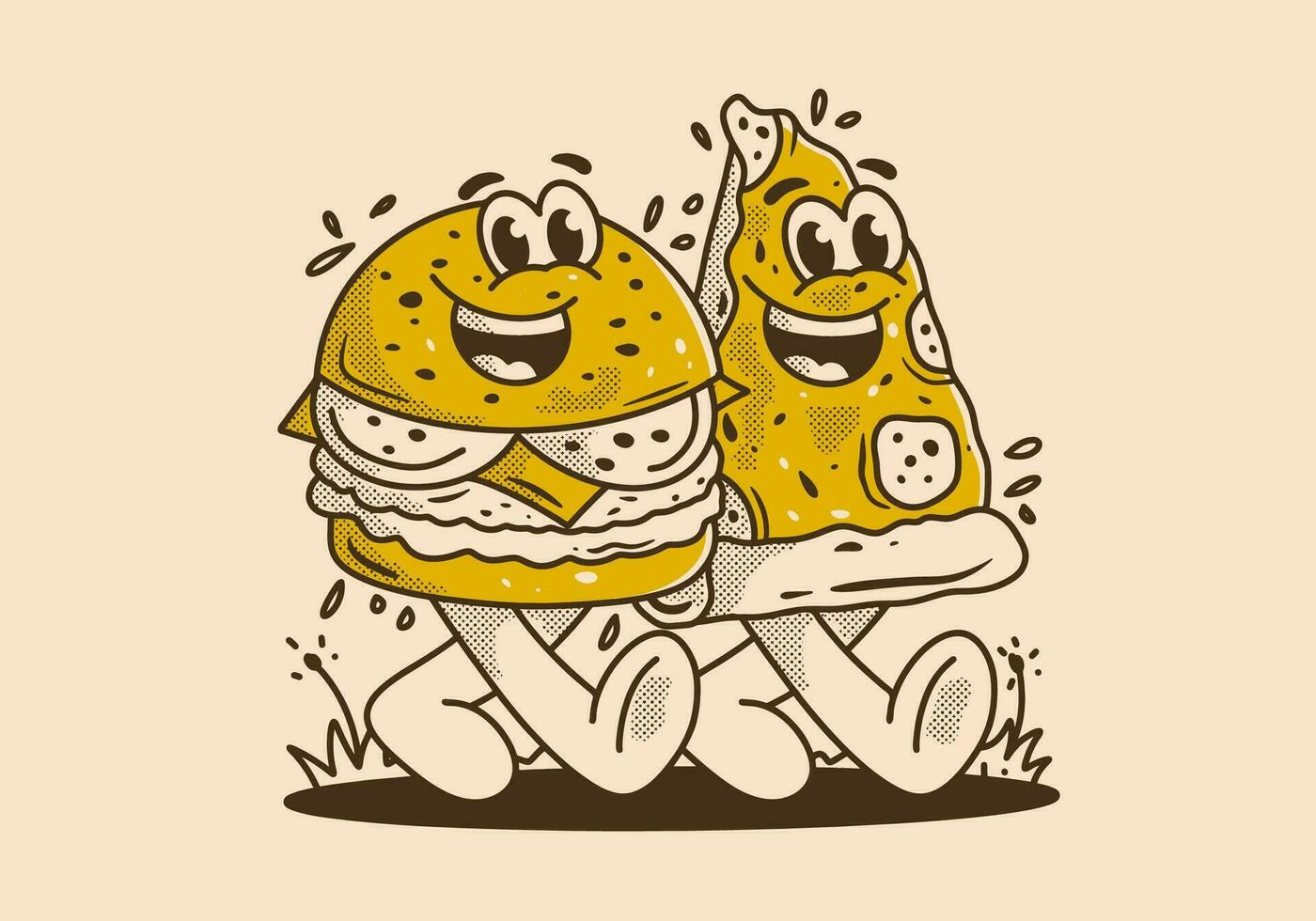 Character illustration of walking burger and pizza vector