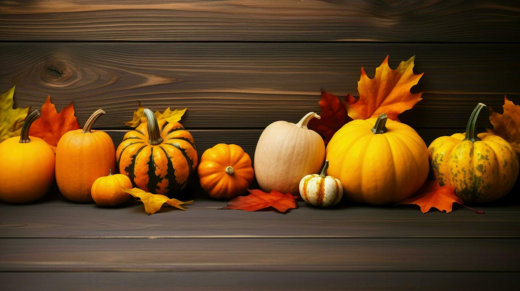 calabazas y otoño hojas puesto en un oscuro de madera superficie, acción de gracias fondo, espacio para texto ai generativo foto