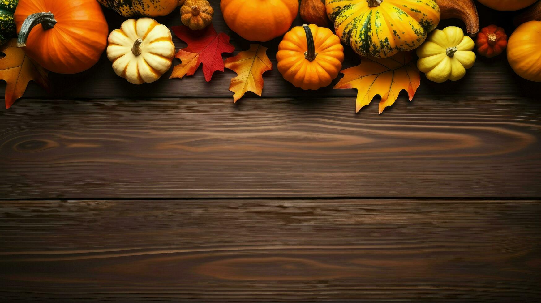 Assorted Autumn Thanksgiving Elements Resting on a Dark Wooden Surface, Space For Text, Invitation AI Generative photo