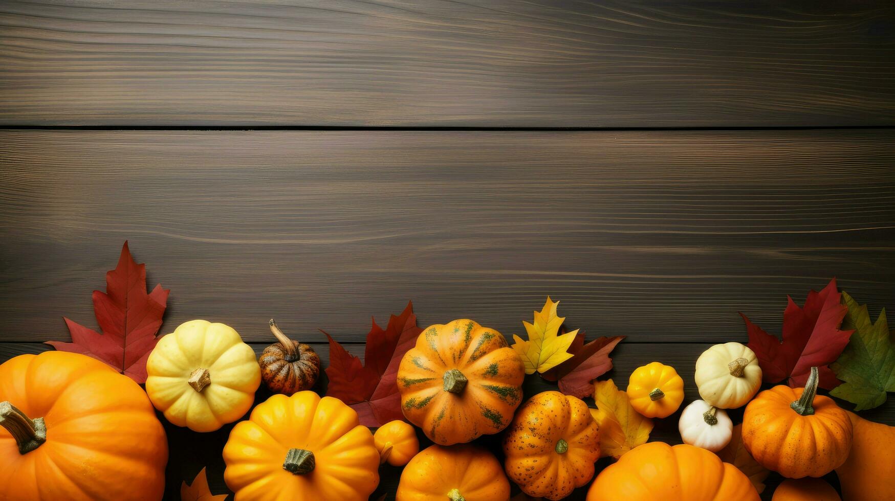 otoñal calabazas y arce hojas conjunto en contra un de madera fondo, espacio para texto, invitación ai generativo foto