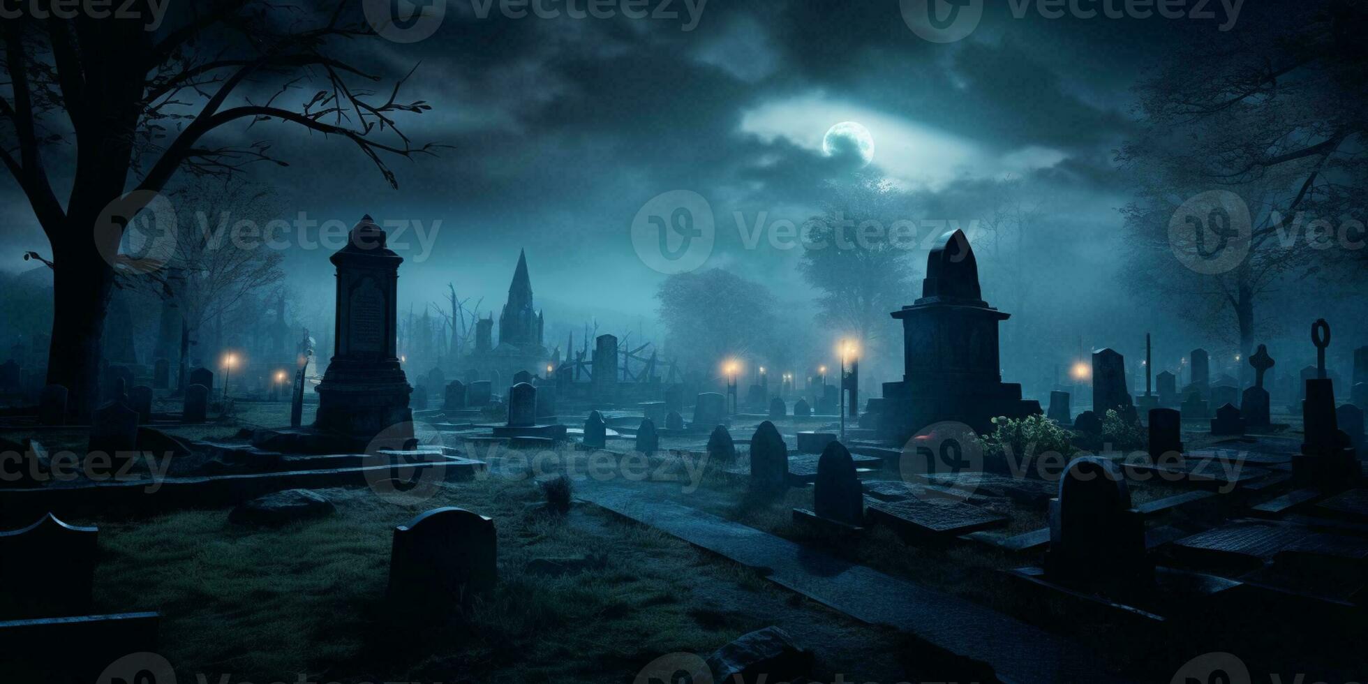 Spooky cemetery under blue light of full moon. Halloween party celebration banner. Scary horror graveyard. Creepy dark October night. AI Generative photo