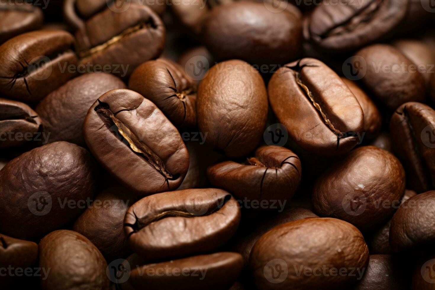 Roasted coffee beans background. Close up picture. Aromatic coffee scattered on surface. International coffee day. AI Generative photo