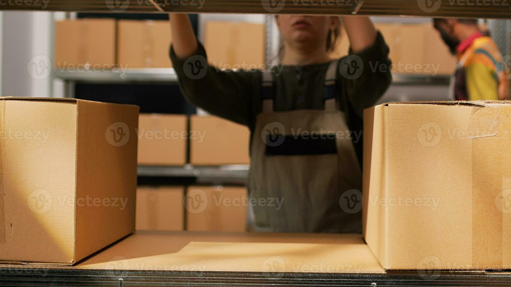 Female worker moving packs of goods, preparing order shipment for retail store business in storage room. Employee sorting boxes on racks in warehouse, supply chain and production. Tripod shot. photo