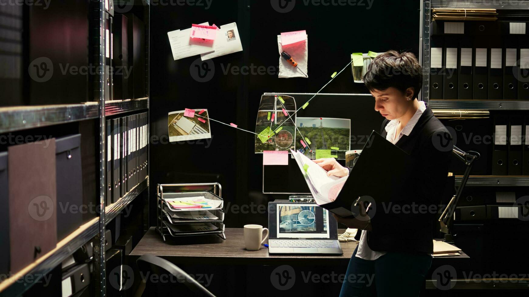 Police officer searching for evidence so solve crime case, looking at confidential records in incident room. Woman expert analyzing background check, conducting investigation with forensic reports. photo