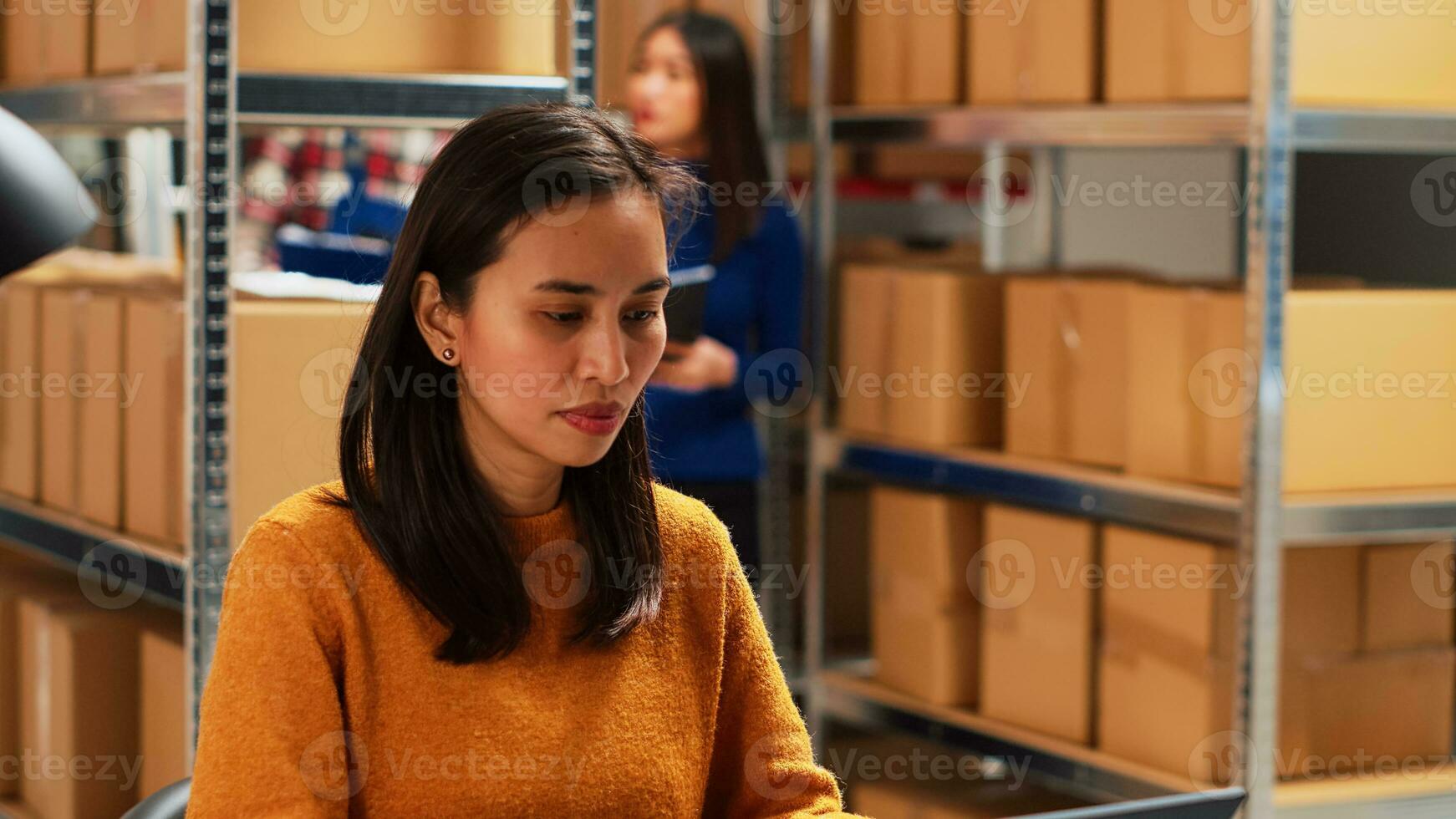 Asian woman planning order shipment in warehouse, doing quality control and financial planning on laptop. Female entrepreneur working on business development, logistics. Handheld shot. photo