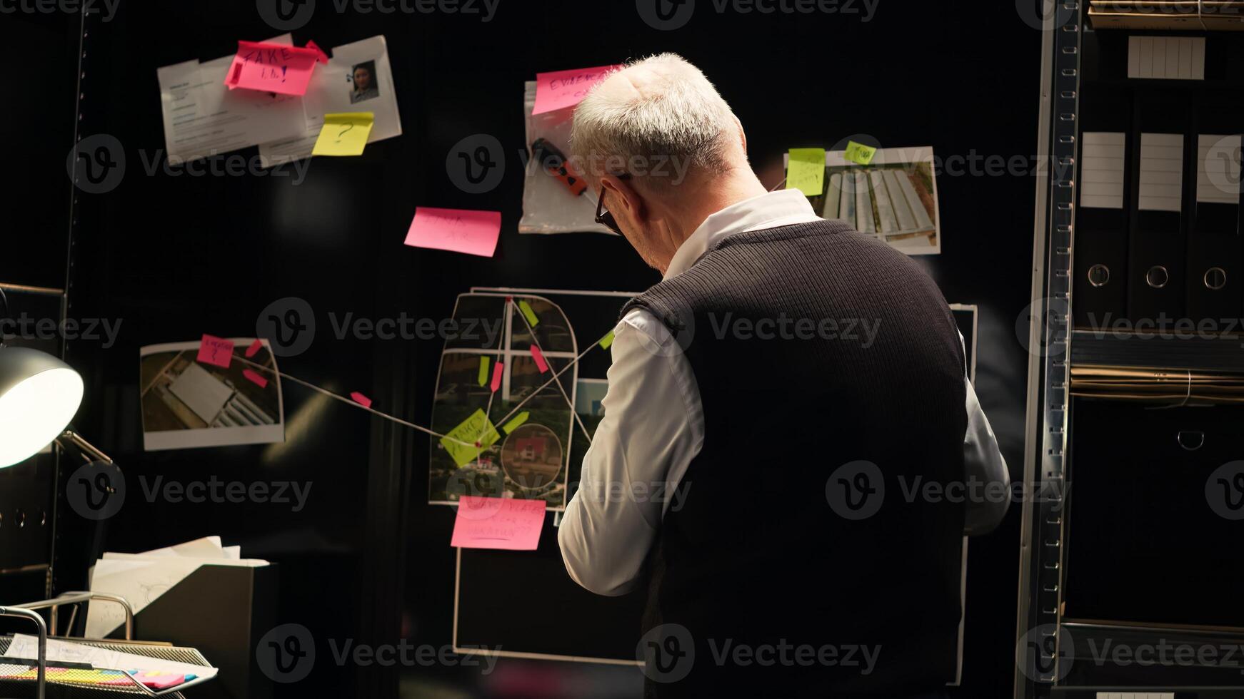 Senior detective analyzes clues board in evidence room, looking at forensic report and surveillance photos to uncover killers identity. Private investigator hoping to make discovery. Handheld shot.