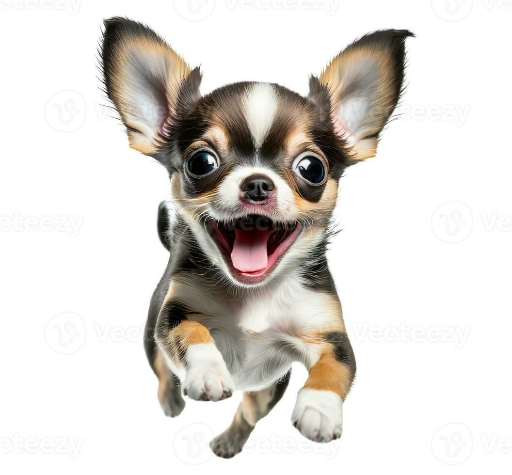 Cute Chihuahua puppy dog jumping isolated image. Funny pet doggy jump. Generative AI photo