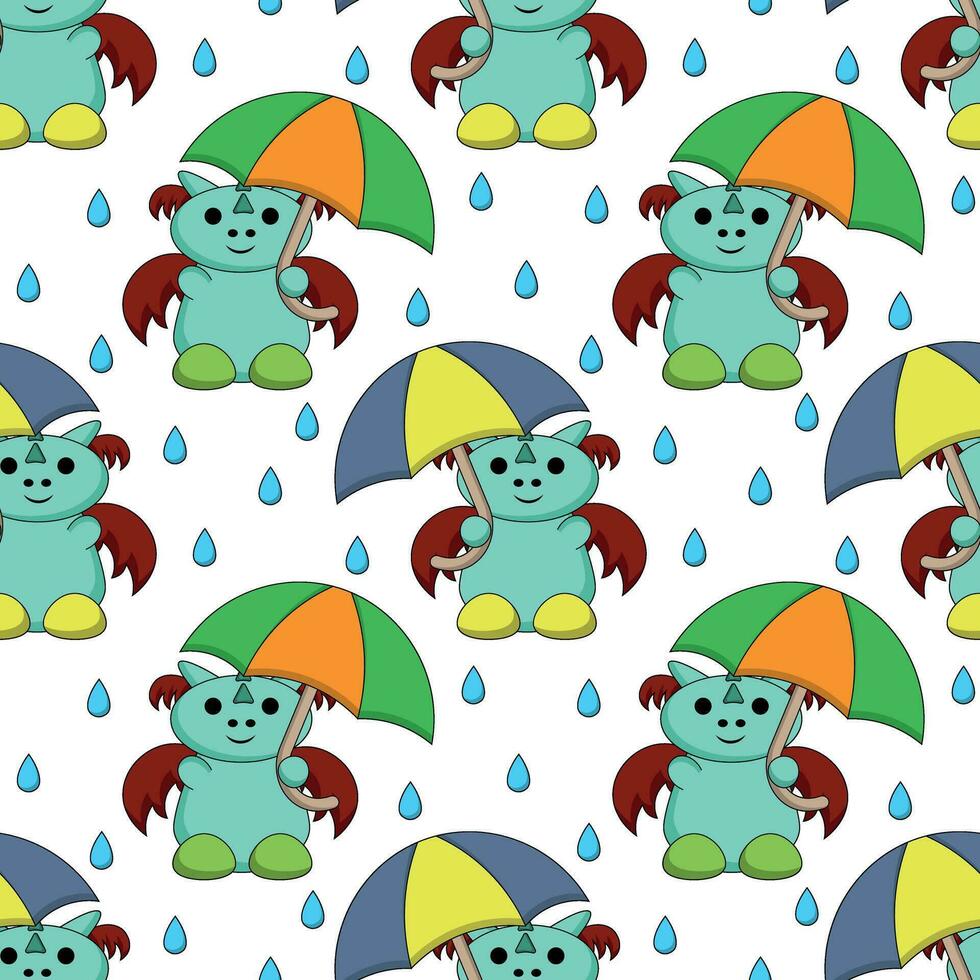 Seamless pattern with cute Dragon with umbrella vector