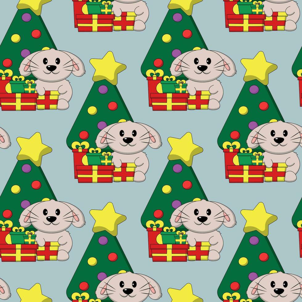 Seamless pattern with cute Rabbit and Christmas tree vector
