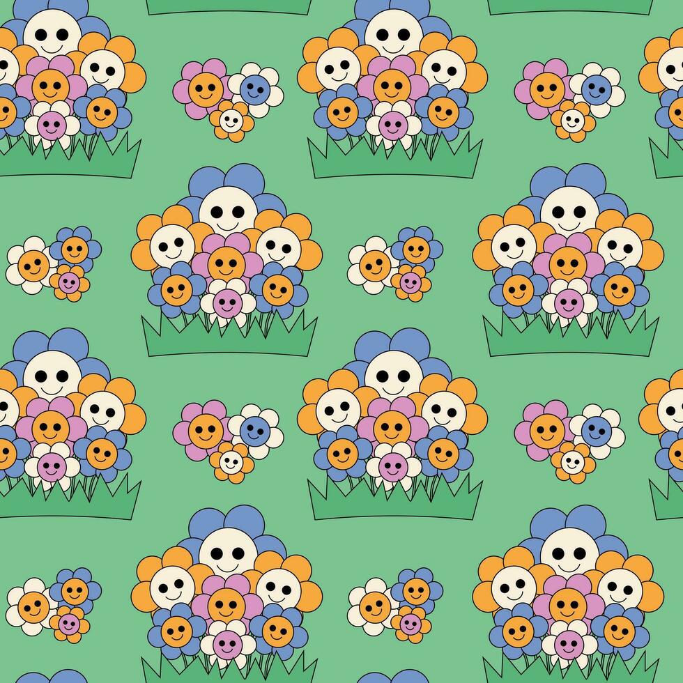 Seamless pattern with Groovy Chamomiles in the grass vector