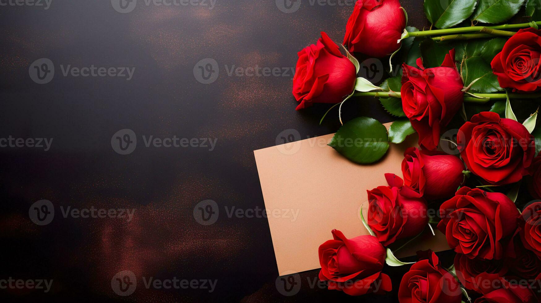 Beautiful roses and paper on wooden background. Generative AI. photo
