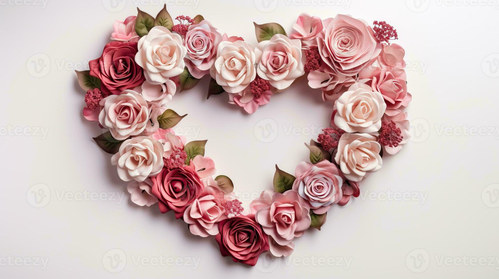 Heart shape rose wreath on white background. Generative AI. photo