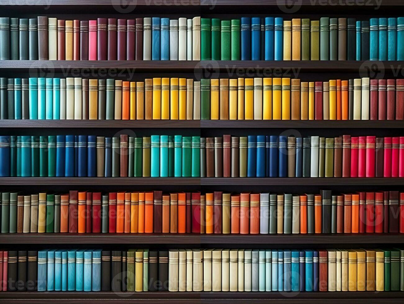 Colorful books on bookshelf in library. Generative AI. photo