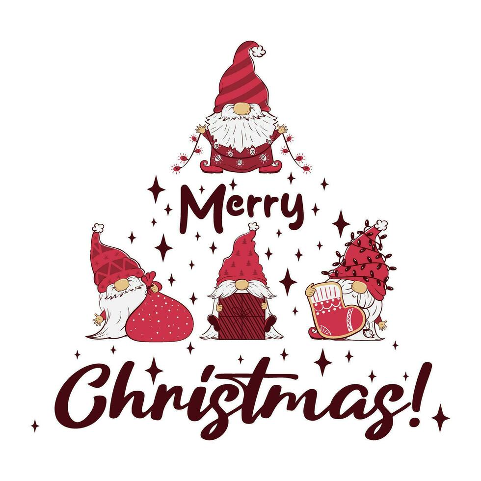 Vector illustration of a Christmas card with cartoon gnomes and Merry Christmas lettering. ready-made greeting card template