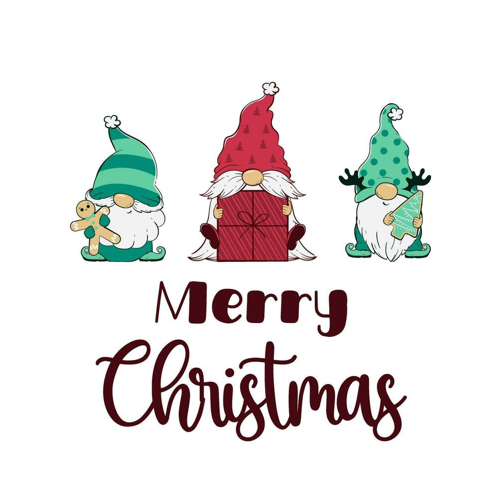 Vector illustration of a Christmas card with cartoon gnomes and Merry Christmas lettering. ready-made greeting card template