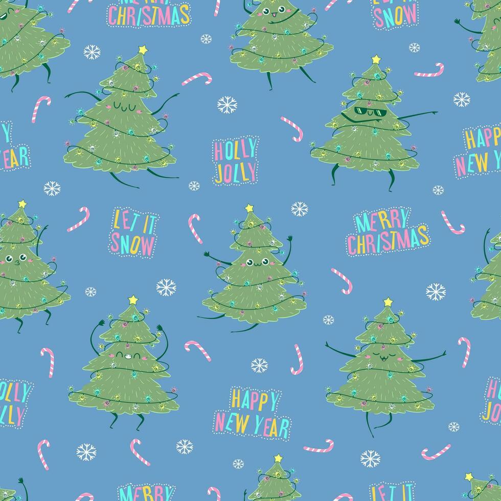 Seamless pattern with kawaii doodle Christmas tree dancing isolated on blue light background. Children's handmade naive style. Simple New Year character happy spruce for festive packaging and textiles vector