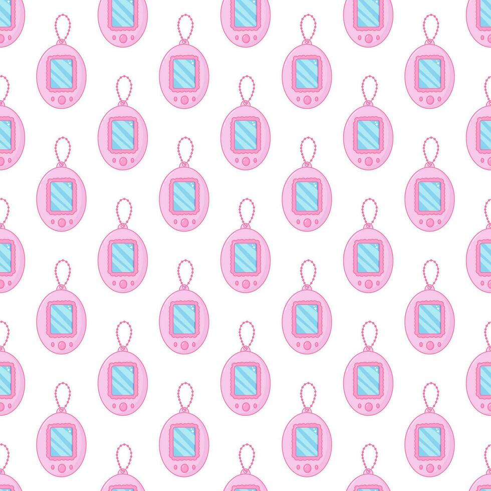 Pink retro pet simulator toy. Japanese modern portable pocket game gadget of 90s. Seamless pattern. vector