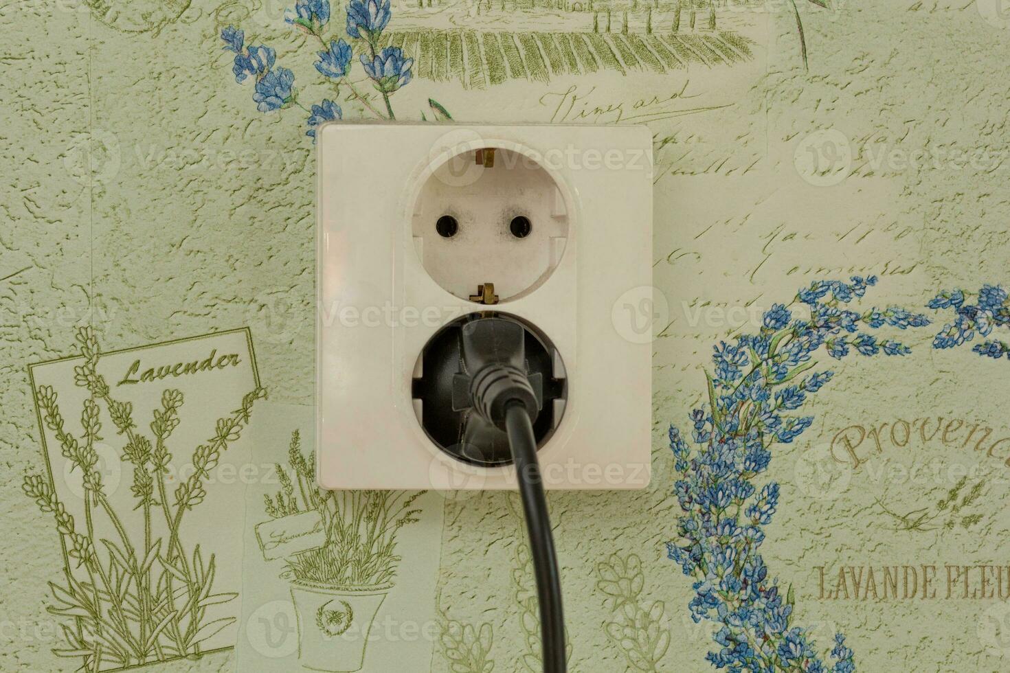 Two pin wall socket with double holes with plug in it photo