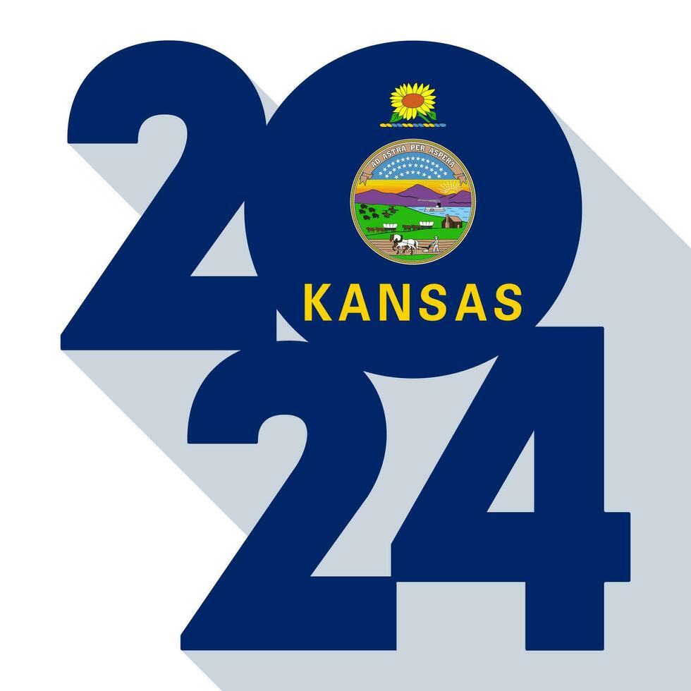 2024 long shadow banner with Kansas state flag inside. Vector illustration.
