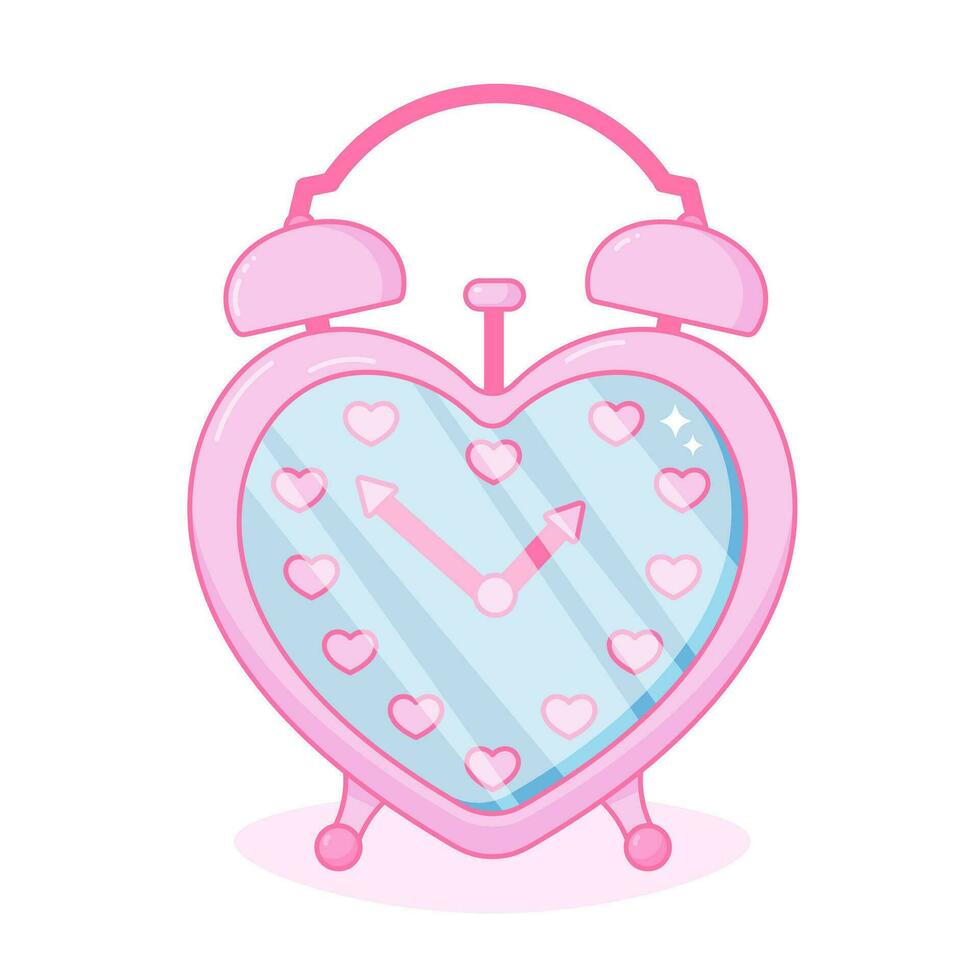 Pink alarm clock. Heart shape. Kawaii glamour. Girly style. vector