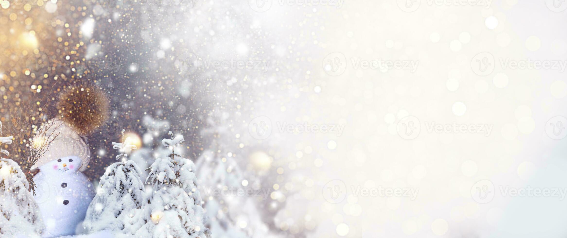 happy snowman. Winter landscape. Merry christmas and happy new year greeting card photo