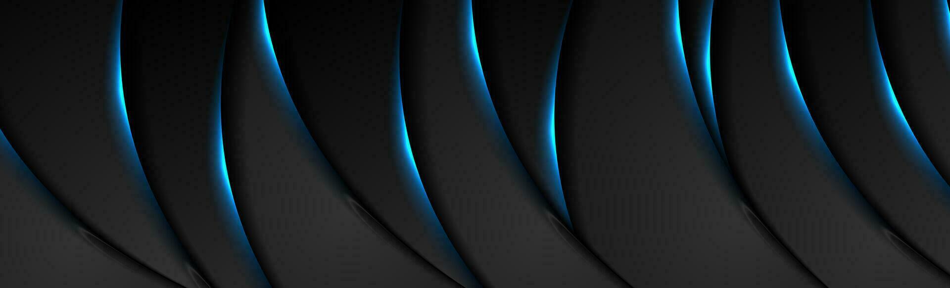 Black tech abstract wavy banner with blue neon glowing light vector