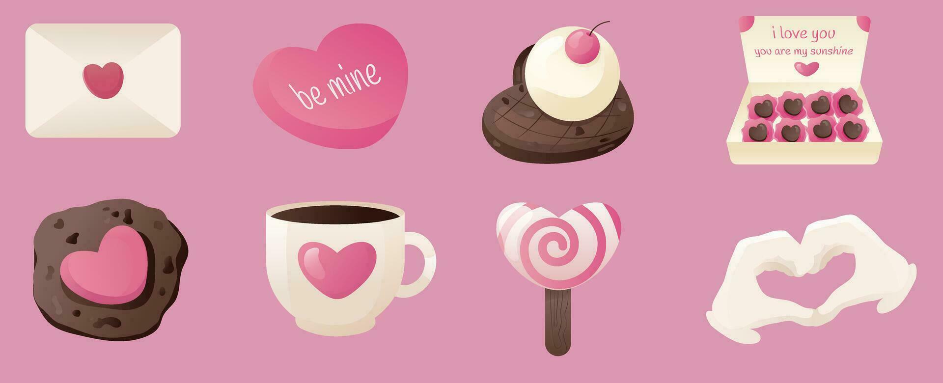 un colección de degradado pegatinas en el tema de amor y romance. linda conjunto de pegatinas, elementos para San Valentín día. café, galletas, en forma de corazon dulces, letra de reconocimiento, mano gesto lo vector