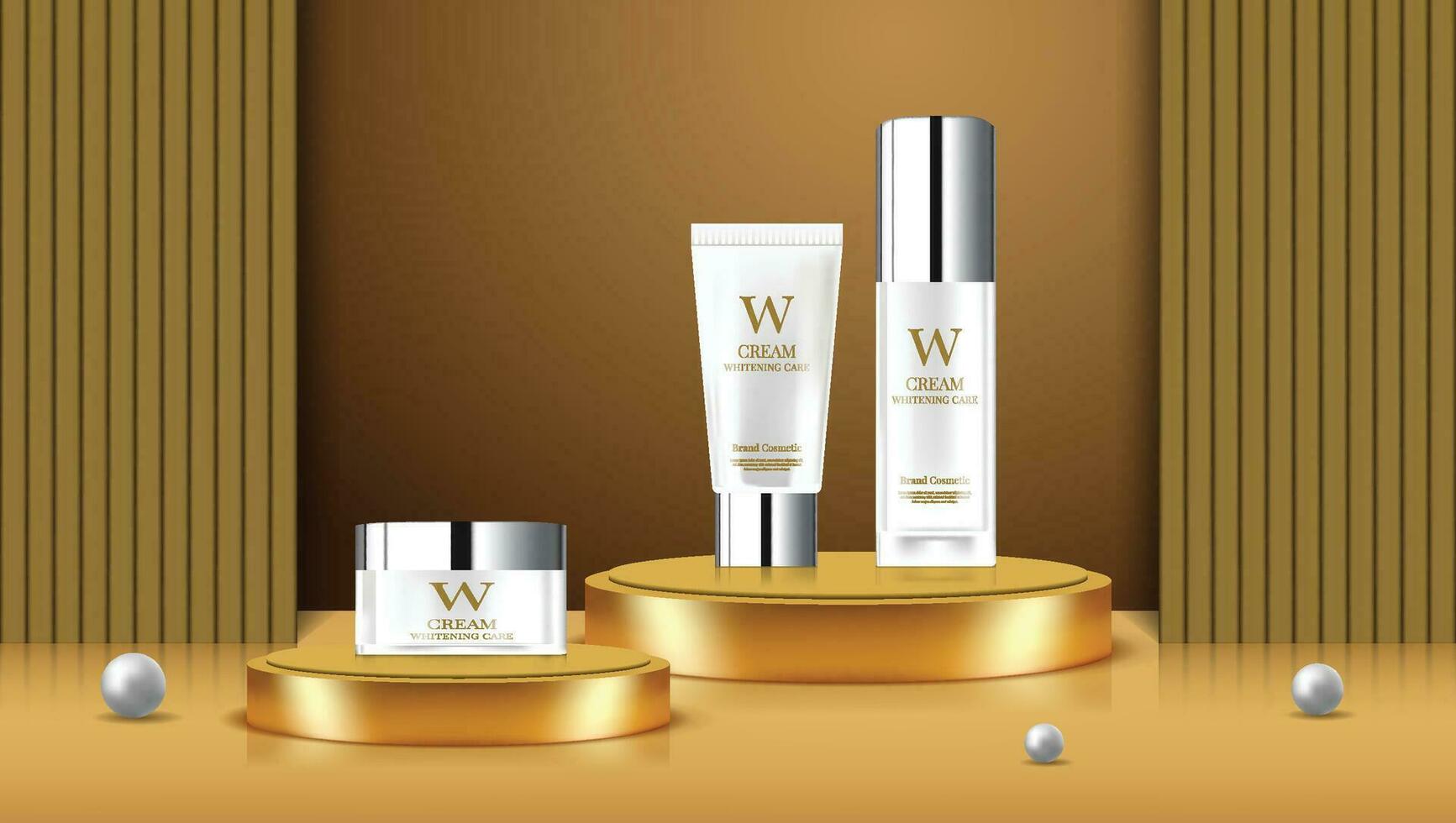 A set of skin care product advertisements with white bottles on gold-tone podium stage vector