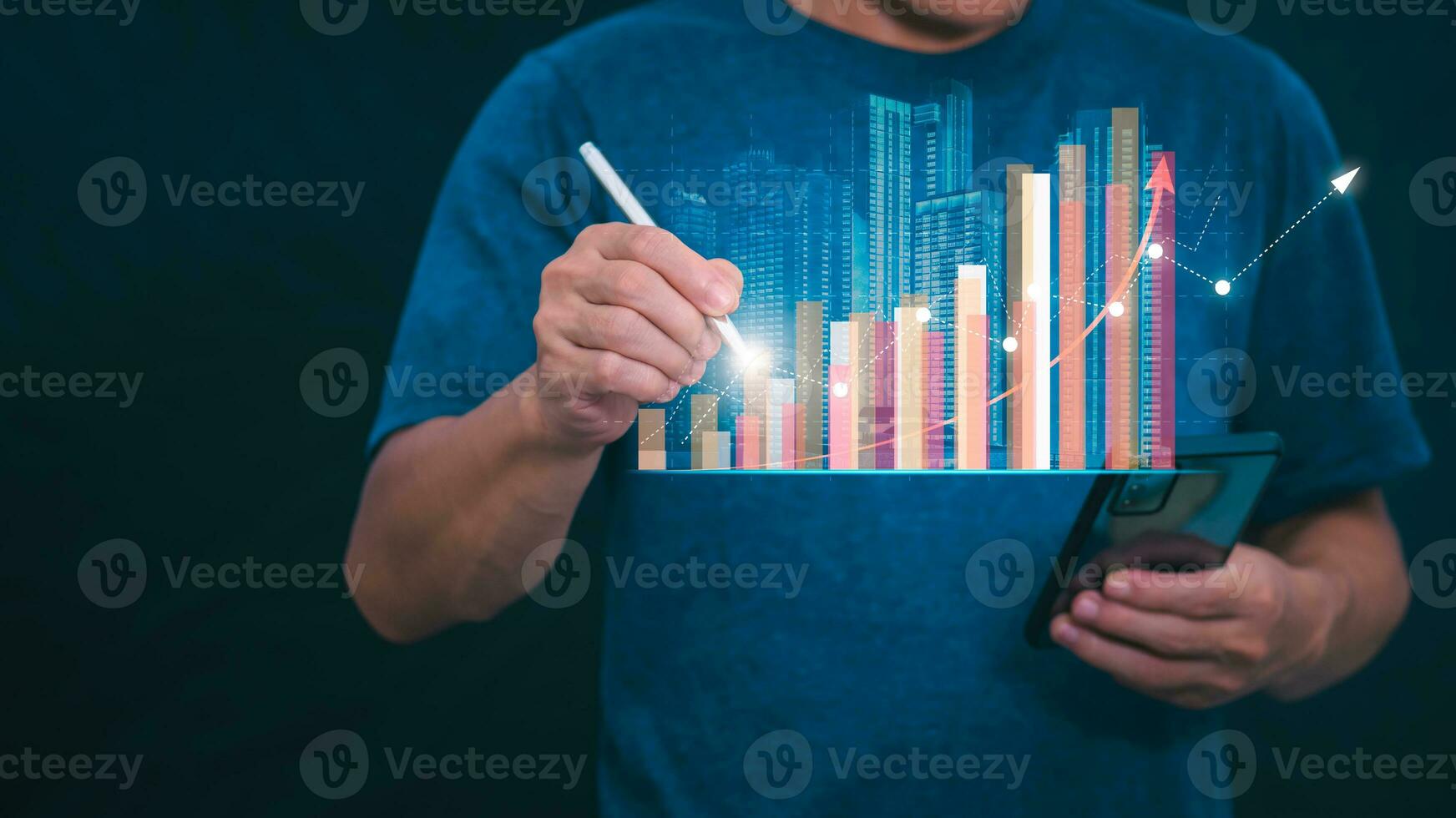 Planning and strategy, stock market, business growth, progress or success concept, businessman or trader showing real estate stock Virtual holograms, invest in stock market trading or digital assets. photo